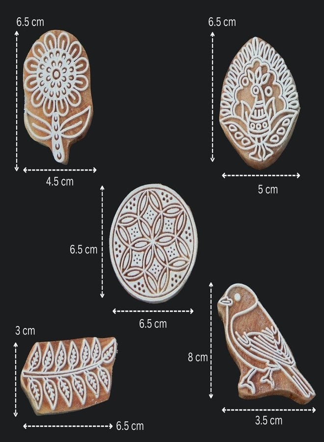 Ecofynd Wood Block Stamps (Pack of 5) for Printing - Artistic Shapes Craft Set for Kids, Saree Border, DIY Henna, Fabric, Textile, Paper, Clay, Pottery - Hand-Carved Wooden Blocks (BLOCK018) - Image 2